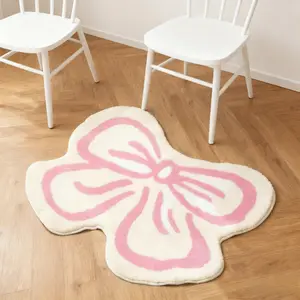 1pc Ins Bow Bedroom Decoration Plush Rug Simple Sweet Style Dresser Carpet Irregular Shape Pink Carpet Fluffy Soft Washable Non-slip Floor Mat