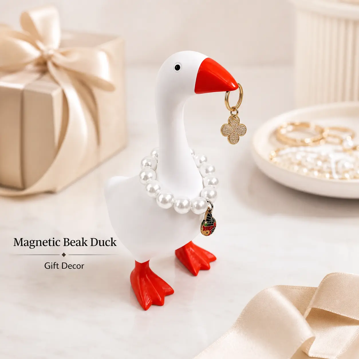 Crafted 7-In Animal Shape Magnetic Beak Desk Goose, Artificial Resin Statue for Holding Keys, Notes, Clips, Lightweight Metal Items, Cute Desk Decor for Home Office, Dorm, Gifts for Women