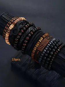 13 piece coconut shell wooden bead bead elastic thread men's bracelet bracelet suitable for daily wear, vacation and dating occasions, and is also a surprising and exquisite small gift Beaded Bracelet