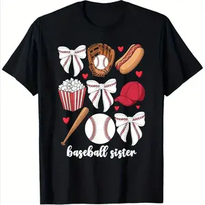 Baseball Sister Graphic Cotton T-Shirt for Kids - Playful Baseball & Bow Design, Soft Breathable Short Sleeve Tee, Casual Streetwear for Boys & Girls, All-Season Comfort
