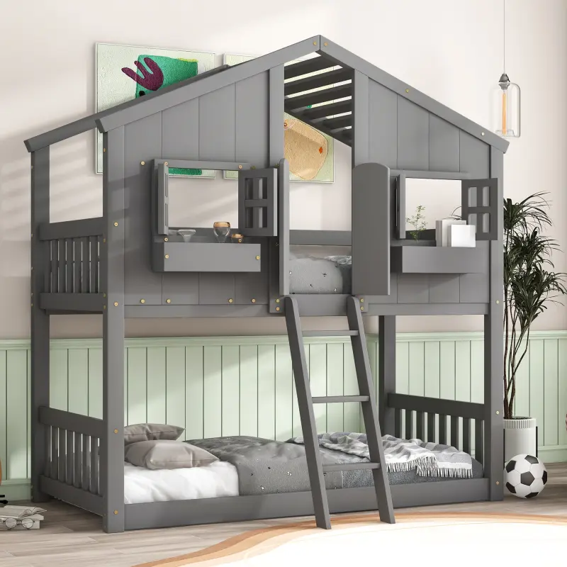 Twin over Twin House Bunk Bed with Roof Window Window Box Door with Safety Guardrails and Ladder Grey