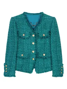 Elegant Vintage Wool Coat with Fringe, Peacock Blue V-Neck Top W29103, Stylish Women's Outerwear for Fall & Winter W29103