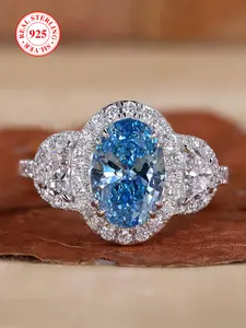 S925 Sterling Silver Oval Shaped Artificial Gemstone Ring, Exquisite Women's Stackable Ring, Elegant Engagement Ring, Fashion Jewelry Accessories for Women & Girls with Gift Box