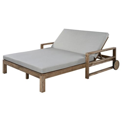 Wood-Frame Outdoor Sunbed with 4-Level Adjustable Backrest, Cushioned Seat, Armrest, 56.7"l x 76.2"w x 33.5"h, 89.2 lbs, 2-Person Lounger for Poolside, Backyard, Outdoor Daybed