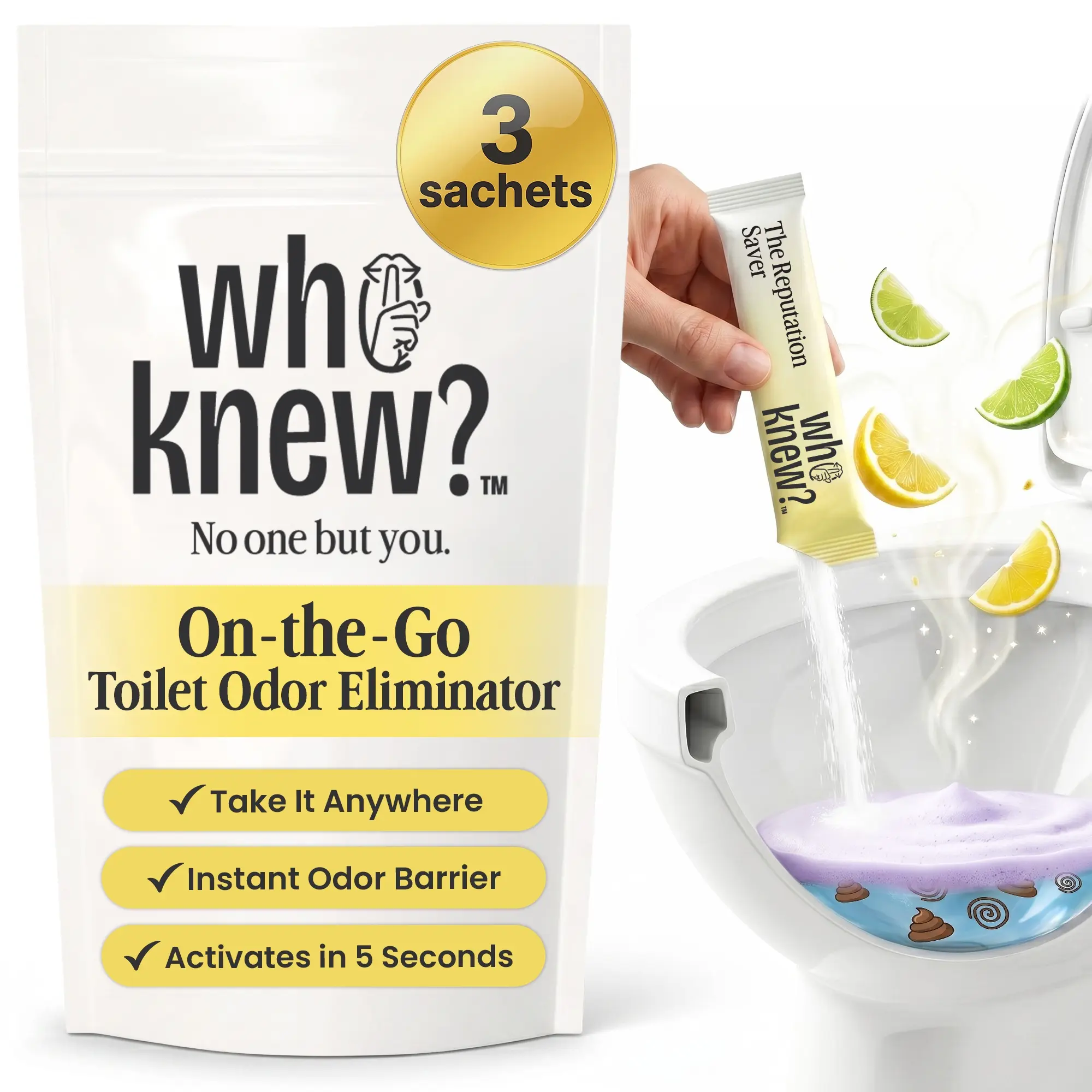 Who Knew Toilet Foam Bombs - 03 Count Discreet & Portable Citrus Scent Foaming Powder | On-The-Go Toilet Refresher for Bathroom Anxiety | Instantly Eliminates Odor, Sound & Stains