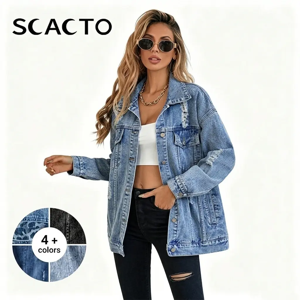 Scacto Vintage Distressed Denim Jackets for Women Summer Jacket Ripped Fringe Jean Jacket Casual Sleeve Pockets Jackets Coat Fabric Fashion Womenswear Soft button jacket All Season Outerwear Oversize