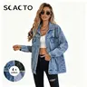 Scacto Women's Retro Denim Jacket - Vintage Distressed Collar, Long Sleeves, Ripped Fringe, Casual Pockets, Soft Buttons, Oversize Fit, Comfortable Jean Fabric Outerwear for Dating, New Year, All-Season Use