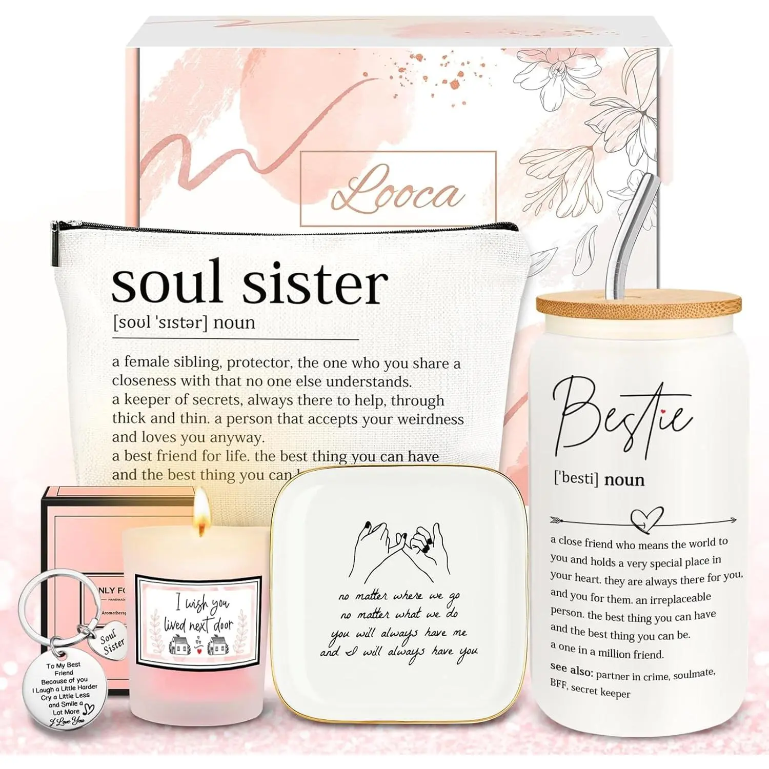 PRADNEL  Best Friend Gifts for Women, Friendship Gifts for Women, Graduation Gift Set for Bestfriend Soul Sister Bestie, Gift Ideas with Cup Bag Candle Keychain ,Birthday Gift for Women