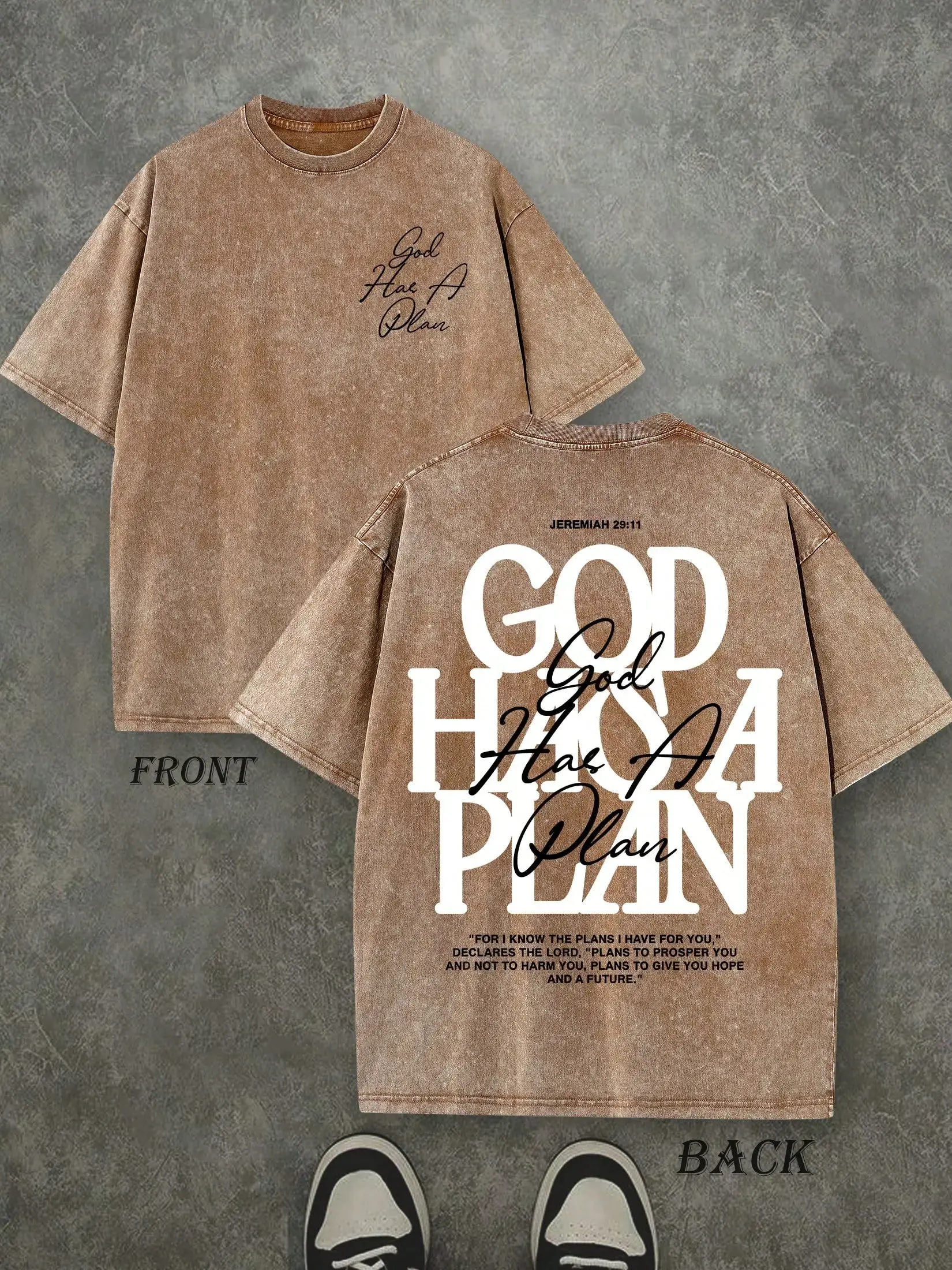 Vintage Washed "God Has a Plan" Double-Sided Print Tee | 230gsm Heavyweight Christian Streetwear, Unisex Wide-Shoulder Fit, High-Quality Cotton Casual Top for Men & Women