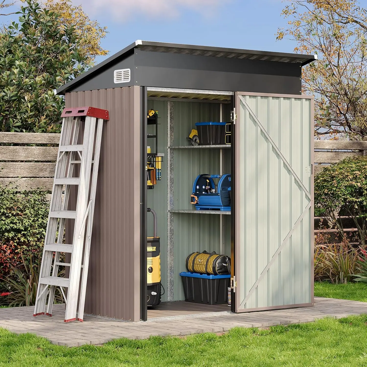 Jolydale Small 5x3 ft Rectangular Outdoor Metal Storage Cabinet - Waterproof Storage Shed with Floor, Lockable Doors & Slooping Roof for Backyard, Patio