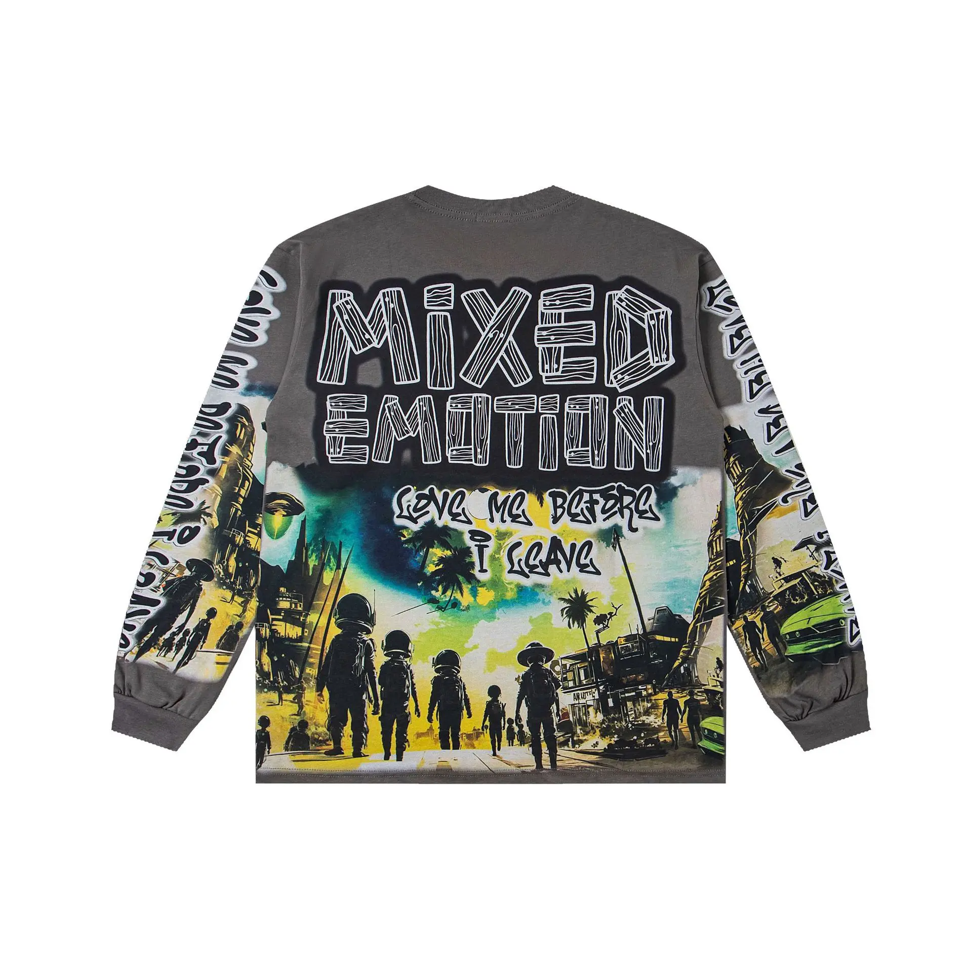 Unisex Baggy Long Sleeve T-Shirt, Aesthetic Streetwear Top with Alien Graffiti Print & Bling Rhinestones, Garment-Washed Cotton, Dress, Uniform