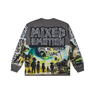 Emotion Closet Alien Graffiti Print Long Sleeve Tee Collection 2000s Retro Rhinestone Maximalist Urban Street Style For Men & Women Edgy Layering Top for Men Women Fall Winter Outfit 3 Styles Multi-Color Options