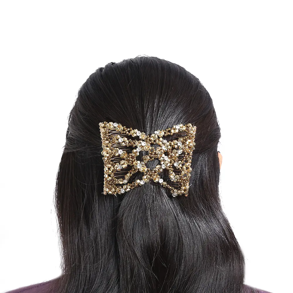 Beaded Elastic Magic Hair Comb Double Slide Hair Clips For Women, Rhinestone Stretch Flexible Hair Barrette, No Slip Multi Use Vintage Hairstyle Accessory For Updo Bun Styling