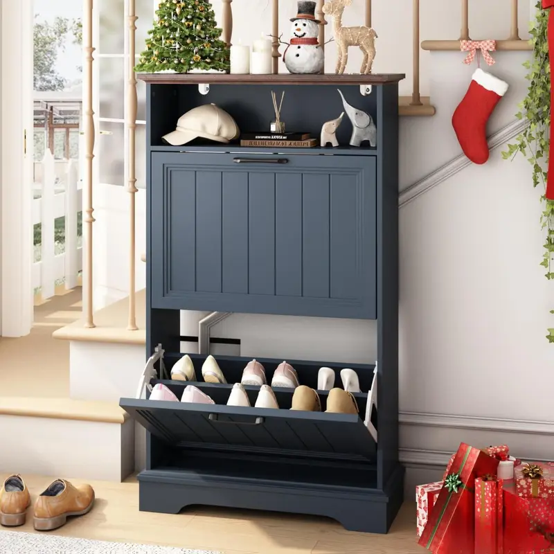 PieDle Shoe Storage Cabinet with 2-4 Flip Drawers, 24" W Farmhouse Modern Hidden Shoes Rack with Adjustable Shelves & Open Storage, Narrow Slim Shoe Organizer for Front Door Entrance, Entryway