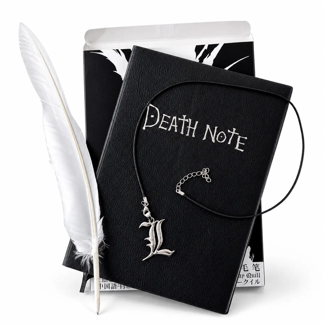 Death Note Anime Theme Car Interior Decoration Set - Journaling Notebook, Feather Pen, Collectible Necklace for Dark Academia Style Enhancement & Sketchbook Ideas