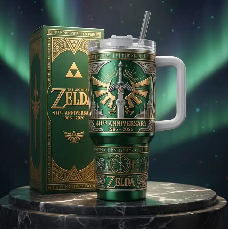 The Legend of Zelda 40th Anniversary 40oz Insulated Tumbler With Handle & Straw, 1986-2026 Collector Edition Stainless Steel Travel Mug, Master Sword & Triforce Gaming Cup, Zelda Fan Gift