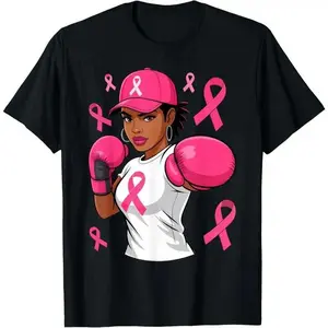 Unisex Women Black African American Fight Breast Cancer Pink Ribbon T-Shirt Top Vintage