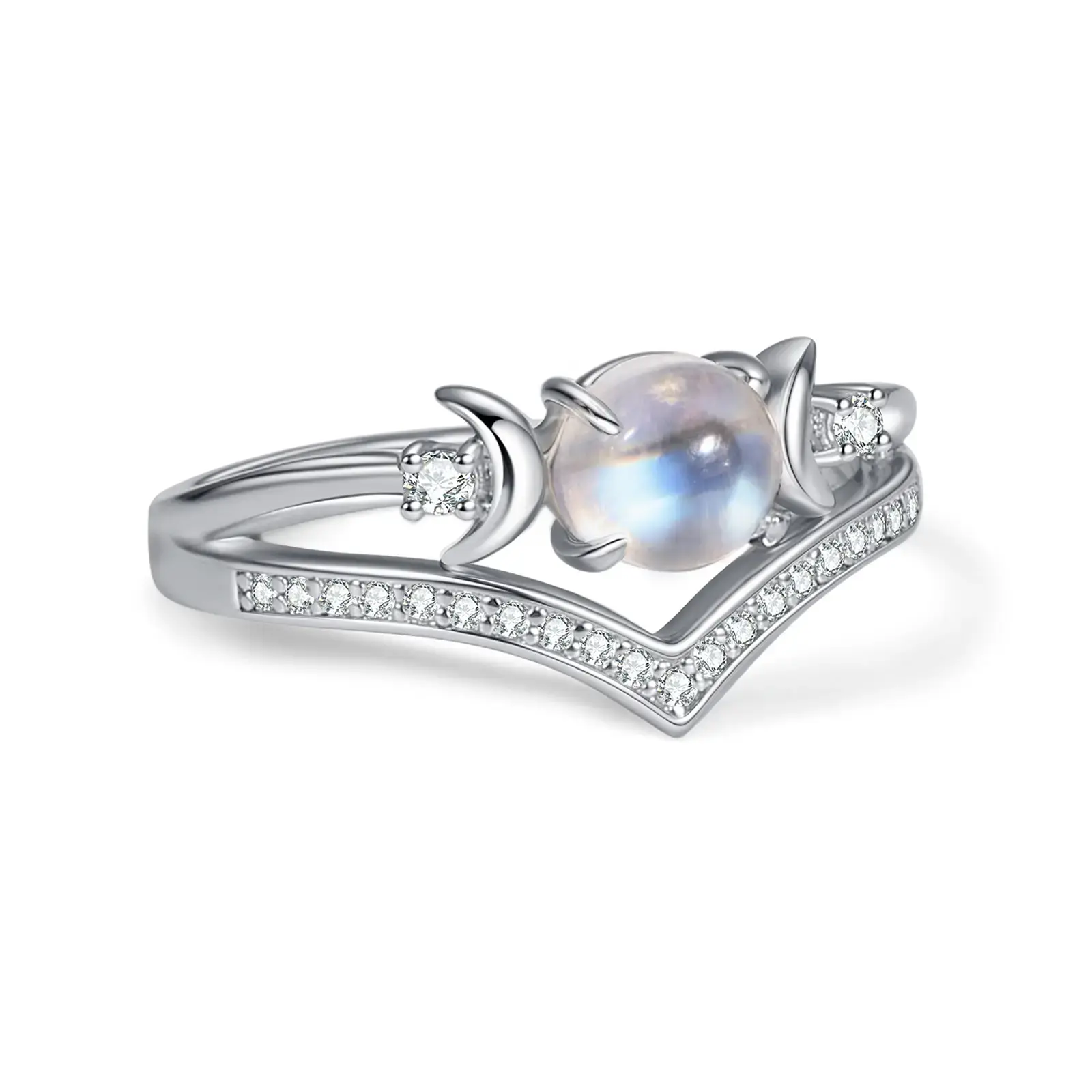 Women's Witchy Triple Moon Motif Jewelry Rings Set, Boho Lead-Free Copper Stackable Bands with 0.24in Untreated Natural Moonstone (Natural Stone) for Emotional Calm, Retro Hypoallergenic Female Costume Rings, US Sizes 6-10, Amethyst Center
