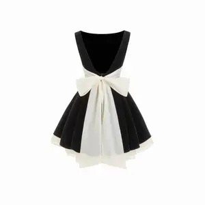 Cider Velvet Boat Neck Ruffle Tie Back Two Tone Patched Backless Mini Babydoll Dress [LIVE ONLY]