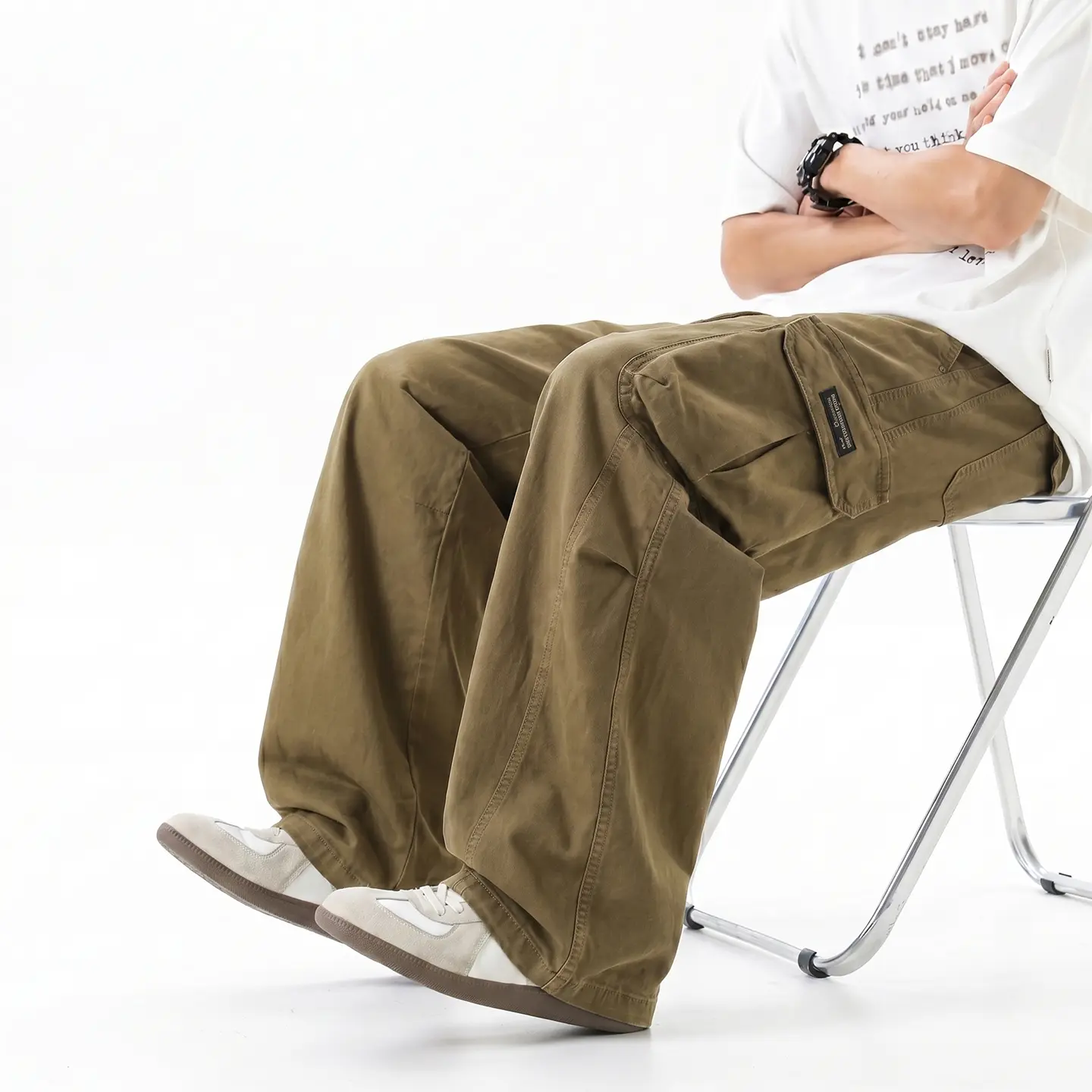Men’s tactical cargo pants – pure cotton fabric with a drawstring elastic waistband, multiple pockets including large side pockets – breathable regular fit casual outdoor long pants