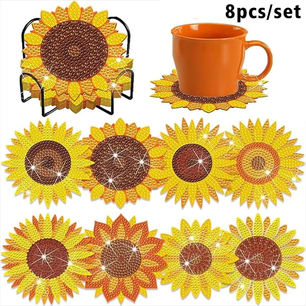 8 Piece DIY Diamond Painting Cup Drink Coasters Set, Sunflower Pattern, Heat Resistant Non-Slip, Handmade Gift, Mosaic Craft Kit