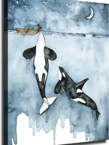 Orca and Girl Print Watercolor Painting Killer Whale Art Marine Life Poster Living Room Office Decor Modern Family Bedroom Decor Posters