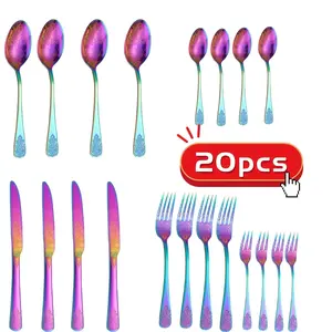 20/30 Piece Stainless Steel Retro Carved Tableware Set with Floral Pattern, Stainless Steel Tableware Set With Knife/Fork/Spoon, Household And Kitchen Tableware Set, Ideal Holiday Gift for Women, Rainbow Gold