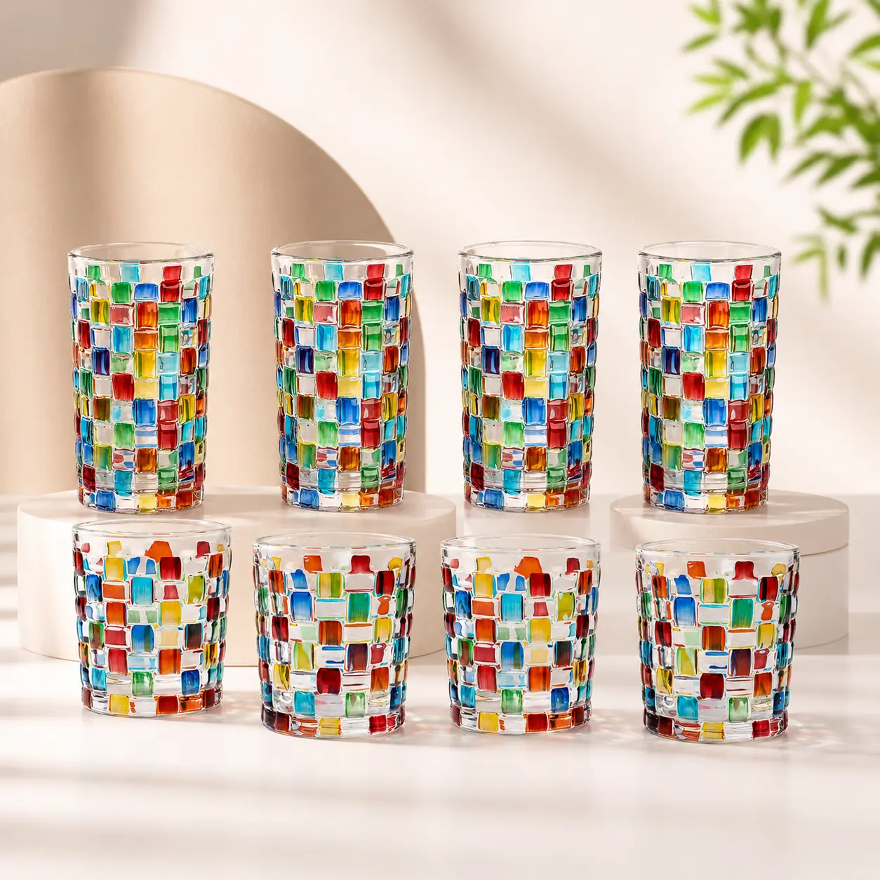 Colorful Woven Design Durable Glass Assorted Glasses Set (8/12-Piece) - Tall & Short Reusable Drinkware, 0-500ml Capacity, Ideal for Iced Coffee, Holiday Use, Kitchenware Essential, Cocktail Glasses