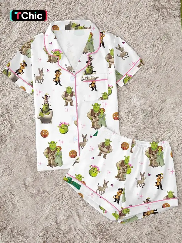 Y2K Green Monster Pajama Set, Cute Fantasy Creature Graphic Sleepwear, Soft Button Down Top & Shorts Lounge Set