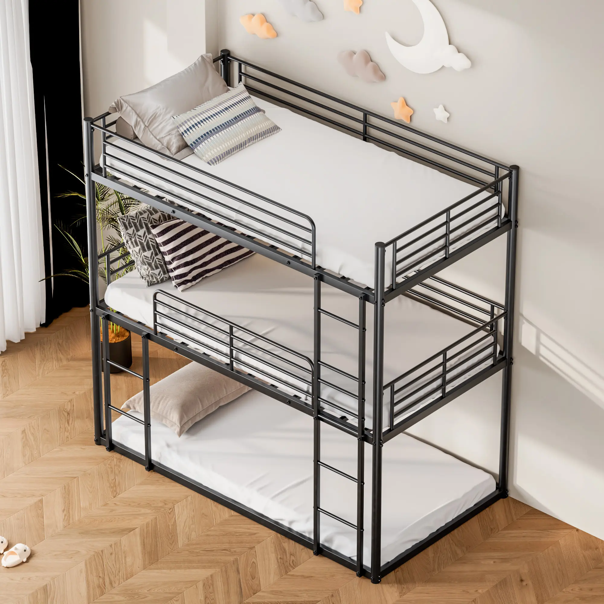 Heavy Duty Triple Bunk Bed Frame Only | No Mattress Included | 3 Tier Metal Bed with Guardrails & Ladder