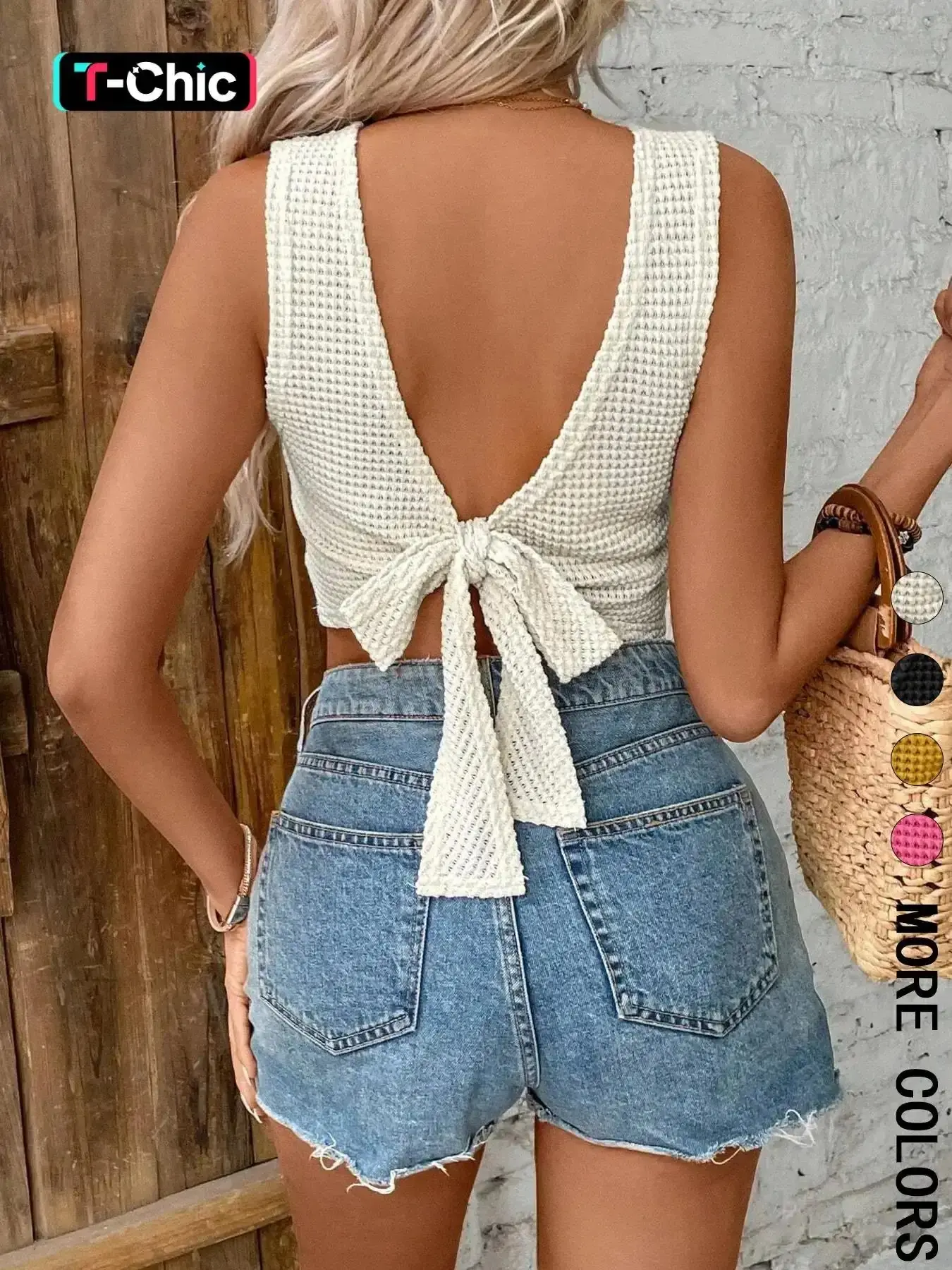 Women's Plain Tie-Back Waffle Knit Fitted Cropped Camisole Tank Top, Casual Comfy Sleeveless Top for Daily Wear, Ladies' Top for All Seasons, Easy Styling, Wardrobe Staple, Trendy Look, Classic Design