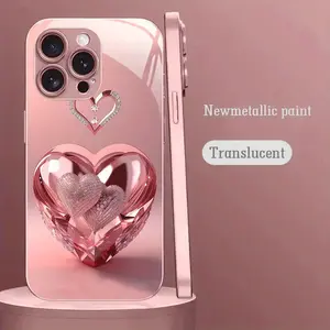 Pink Diamond Heart Pattern Pink Metallic Paint Tempered Glass Hard Phone Case Suitable for iPhone 16/16 Pro/16 Plus/16 Pro Max/15/15 Pro/15 Pro Max/14/14 Pro/14 Plus/14 Pro Max/13/13 Pro/13 Pro Max/13 Mini/12/11/XR/XS/X/7 High-end Simple Creative Personal