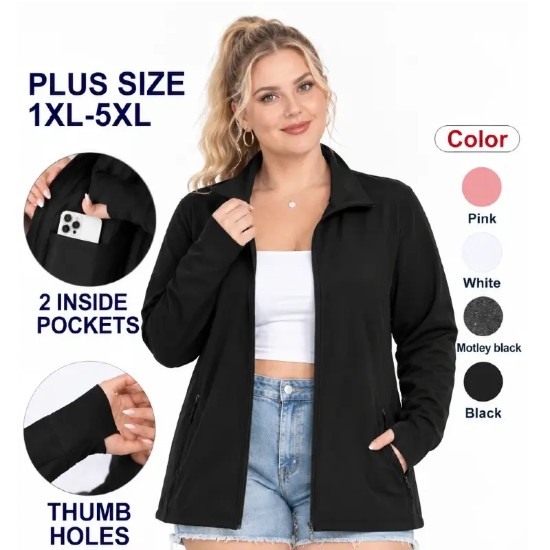 COOTRY Women’s Plus Size Zip-Up Activewear Jacket - Athletic, Lightweight, Breathable, Thumb Holes, 2 Inside Pockets, Layering-Friendly Sporty Outerwear for Plus Size Women's Clothing Workout & Casual Use,sohochic