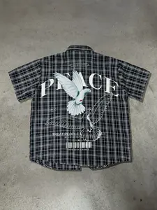 Peace Dove Graphic Plaid Checked Oversized Shirt - TikTokShopBlackFriday Deals FallFashion, Trendy Streetwear Top, Y2K Style Print & Plaid Base, Stylish Casual Outfit, Versatile Daily Wear Essential, Viral TikTokShopFallDealsForYou Pick