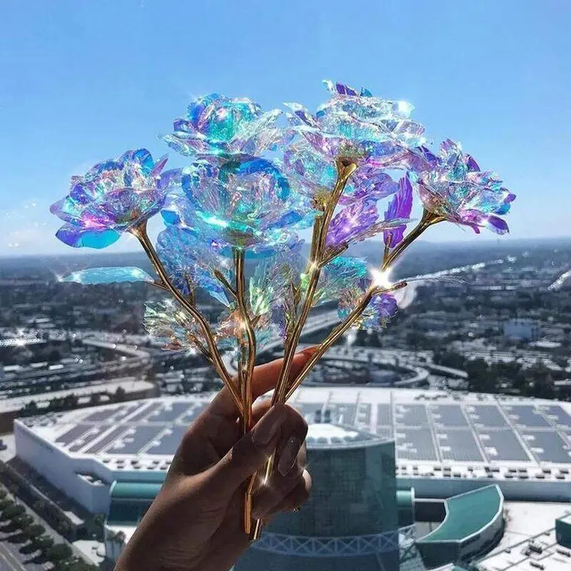 10pcs Rainbow Hue Galaxy Rose Glass Artificial Flowers with Gift Box - Colorful Gold Home Decor Ornaments, Ideal Table, Wedding, Party Gifts for Mother's Day, Anniversary