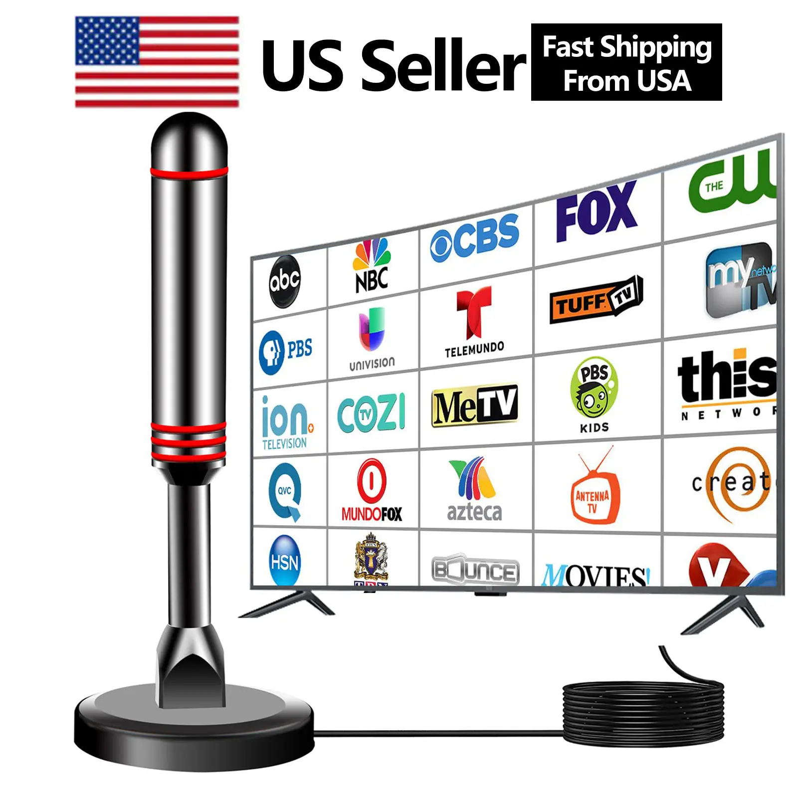 Ultra-Long Range Digital TV Antenna, Digital Antenna Double Amplifier Signal Booster, Support 4K/8K/1080P/Fire TV/DVB-T2 Decoding, 16ft Coaxial HDTV Cable + Magnetic Compact Base