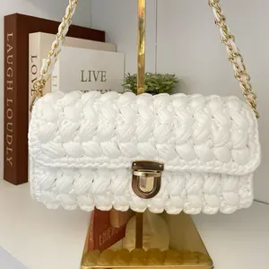Cecil Handmade Crocheted multi function shoulder| handbag. Made with tshirt yarn and gold chain hardware buckle locking.