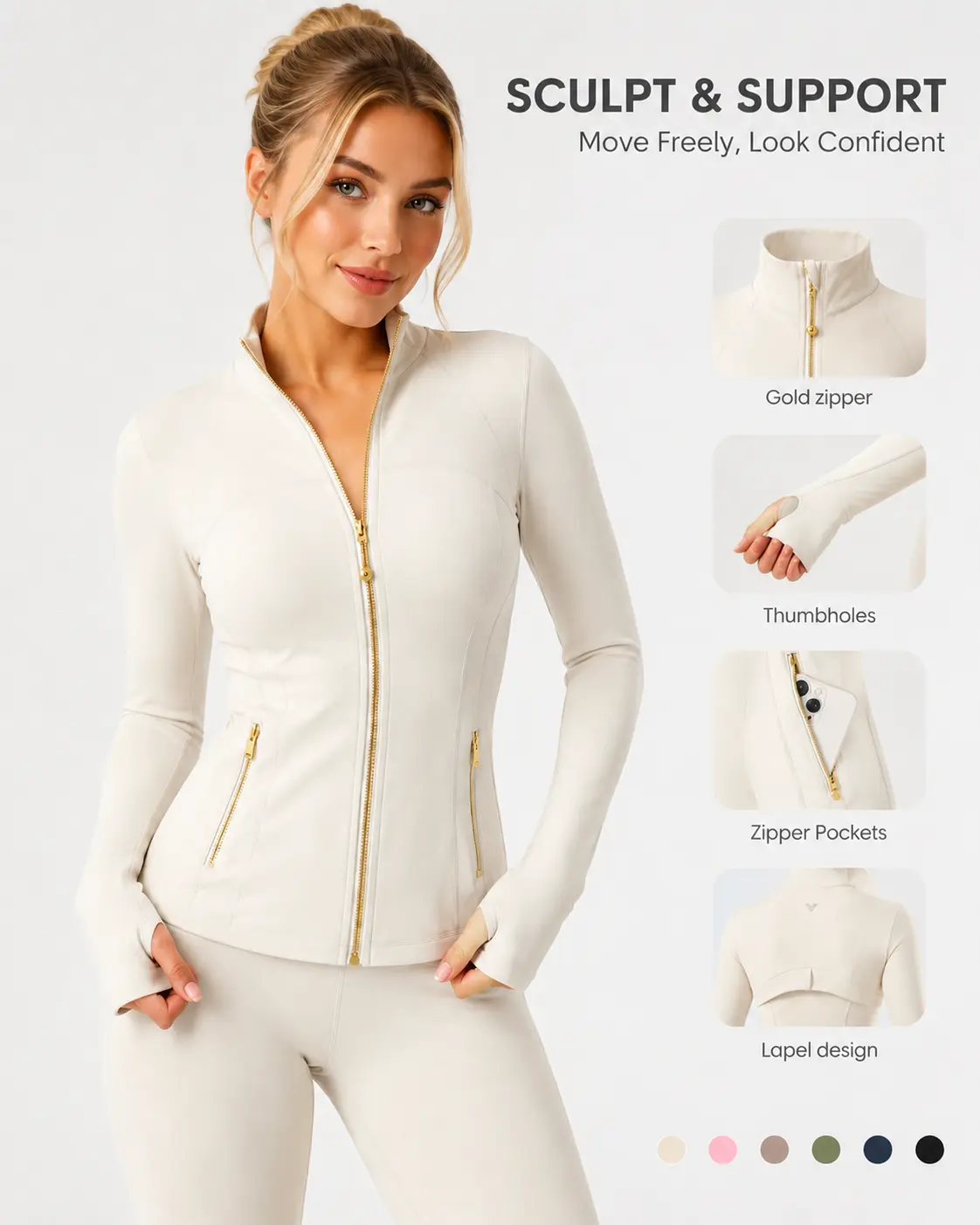 Gold Zipper Women's Slim Fit Athletic Jacket - High Stretch Full-Zip Yoga Jacket with Thumb Holes & Pockets, Workout Gym Running Activewear