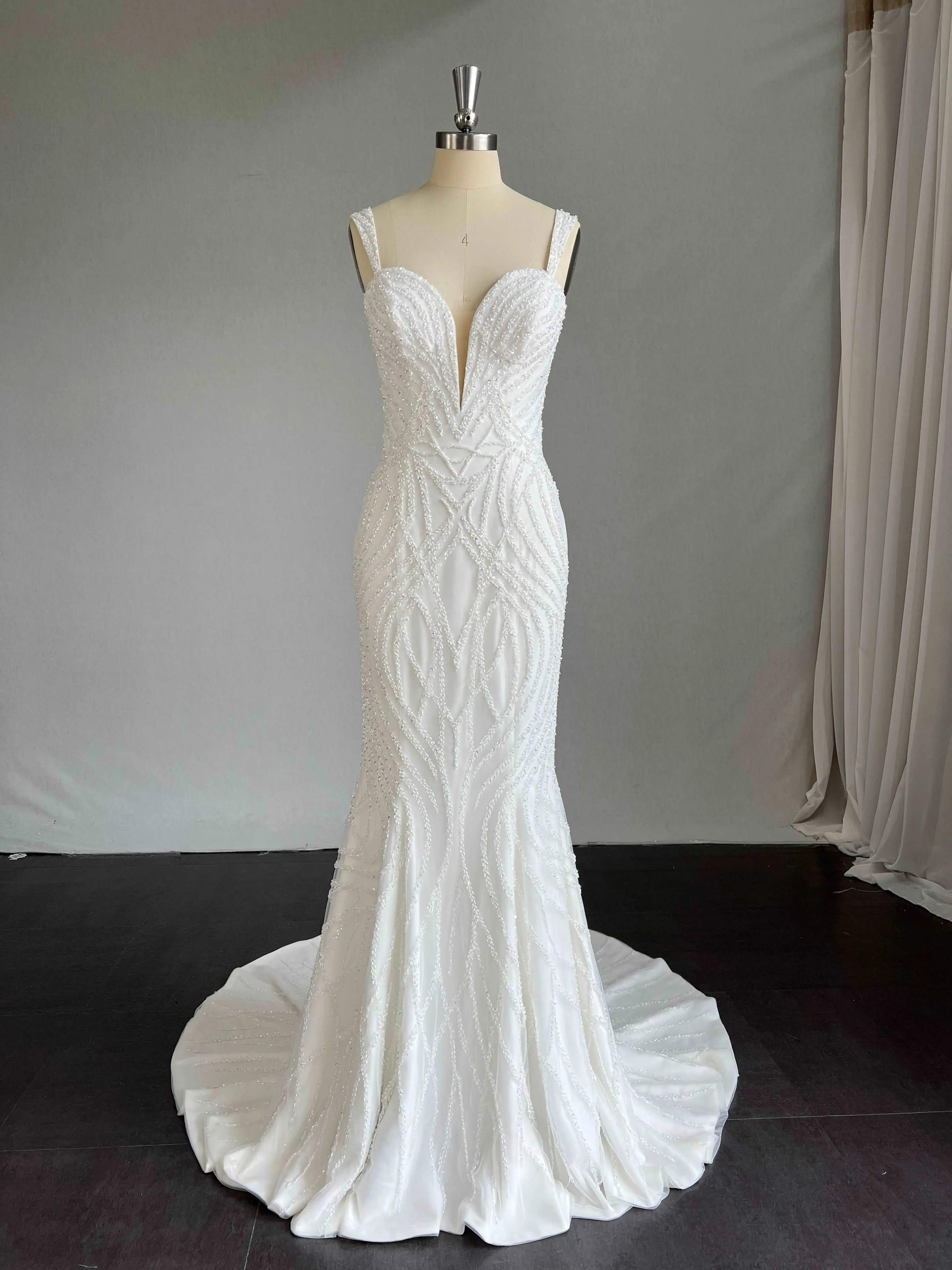 Plunge Neckline Beaded Wave Lace Crepe Fit & Flare Wedding Dress | Amelia