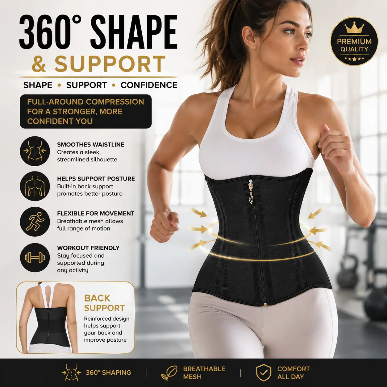 Women's Breathable Mesh Waist Trainer, Nylon Compression Cincher with Steel Boning, Adjustable Belt with Front Zipper & Buttons, Custom Fit, Sports, High Waist, Structured Fit, Button, Body Contouring, Breathable Nylon High Waist Girdle Black