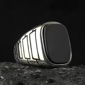 Silvery Cut Imitation Black Onyx Stone Turkish Men's Ring, Smooth Surface Of Square Agate