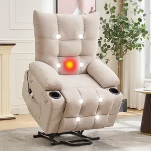 Beige Ergonomic Upholstered Power Lift Recliner Chair for Elderly - Electric Massage & Heat, 45° Assist Stand, Swivel Seat, Reclining Lounge, Rocker with Cup Holders, Small Space Living Room Upholstered Chair