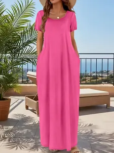 Plus Size Women's Summer Casual Chic Vacation Style Loose Long Dress, 11 Colors Available, Pocket Design Comfortable Breathable Lazy Dress