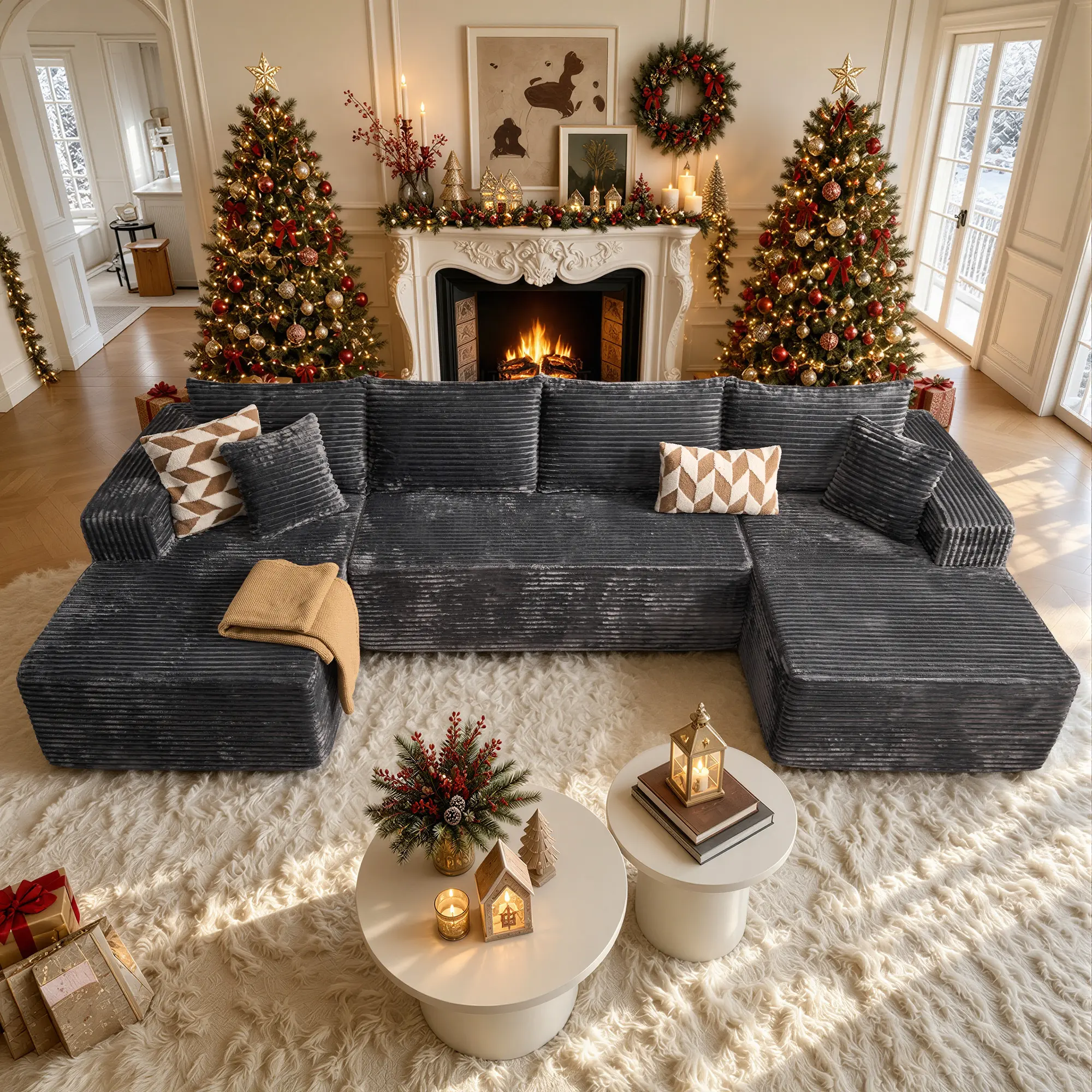 CAODOC Oversized 134.6" U Shape Cloud Couch Plus Sectional Sofa with Chaise Modern Modular Sofa with 6 Soft Pillows & Lounge Chairs Boneless Upholstered Couches for Living Room Bedroom Plush Corduroy Fabric