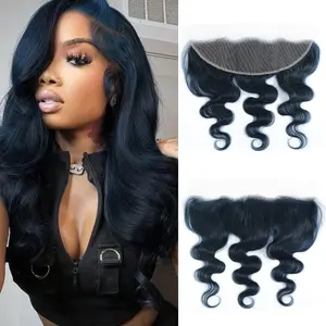 ALHER Midnight Dark Blue 13x4 HD Lace Frontal Closure Only Body Wave Human Hair 16 Inch, 12A Brazilian Hair 13X4 Frontal Melt Transparent HD Lace Ear to Ear Baby Hair 150% Density for Black Women
