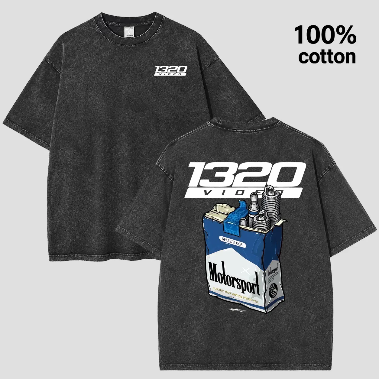 Vintage Washed Gray 1320 Video Graphic Tee - Retro Cigarette Pack Spark Plug Design