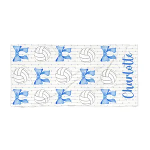 Cotton Water-Absorbent Lightweight Beach Towel with Blue Volleyball and Bow Print, Personalized Name Option