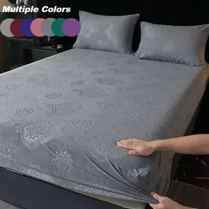 Pure Color Embroidered Velvet Bed Sheet Set, Includes One Fitted Sheet and Two Pillowcases, Non-Slip Mattress Protector, Warm Soft Bedsheet Sets