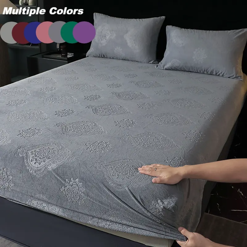 Pure Color Embroidered Velvet Bed Sheet Set, Polyester Bedding, Includes One Fitted Sheet and Two Pillowcases, Non-Slip Mattress Protector, Warm Soft Bedsheet Sets, Embroidery Bedding