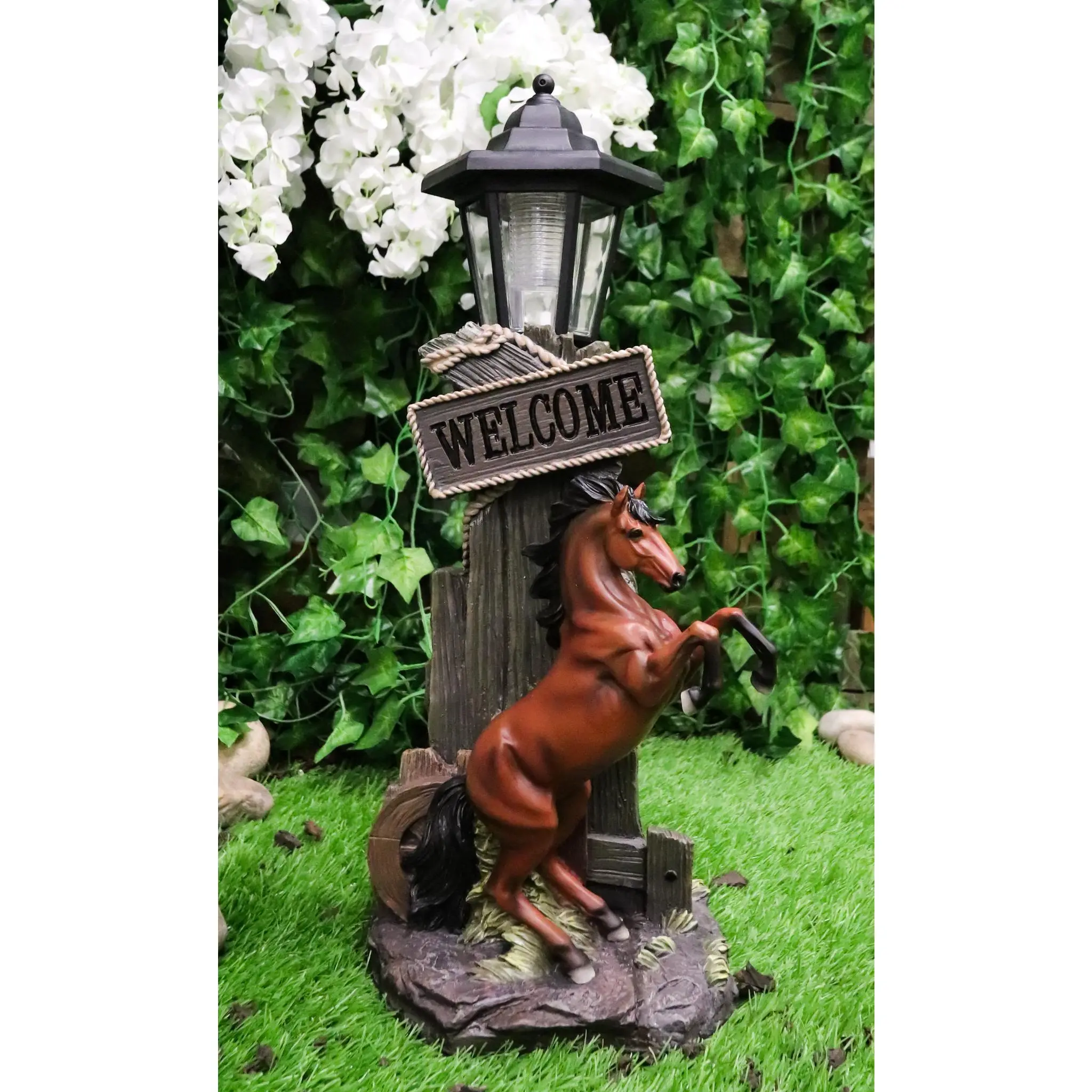 Western Rearing Horse with Welcome Sign Garden Sculpture Statue, Solar-Powered 17.75 in Outdoor Garden Accessory with Solar LED Lantern Path Light, Garden Sculptures Statues